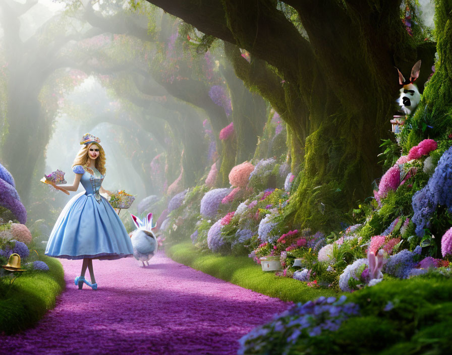 Girl in blue dress and white apron follows rabbit on flower-lined path