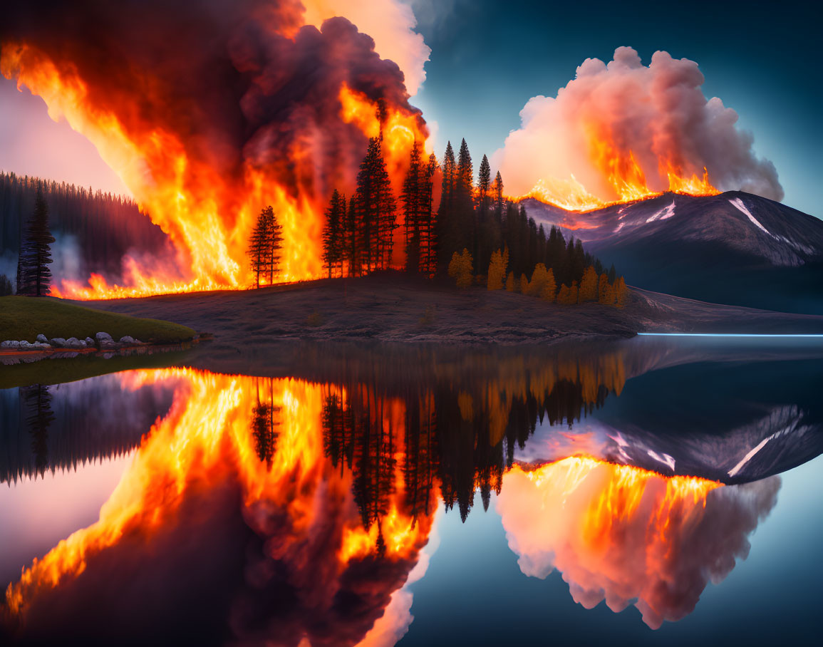 Wildfire Ravaging Forest by Serene Lake at Twilight
