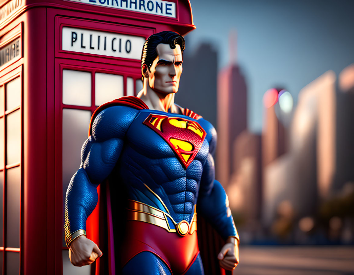 Superman-themed art with red phone booth and skyscrapers