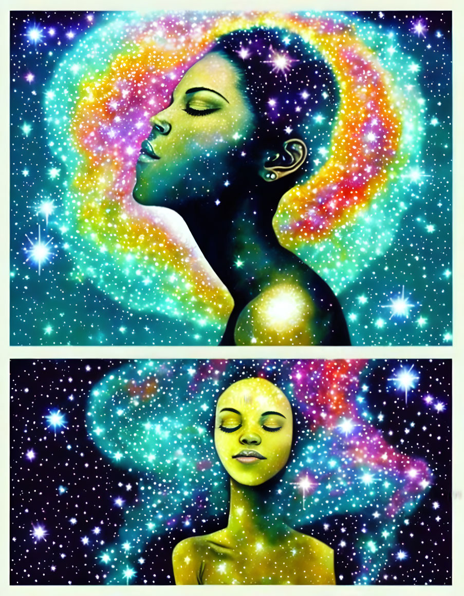 Two women with closed eyes in vibrant space with nebula and stars.