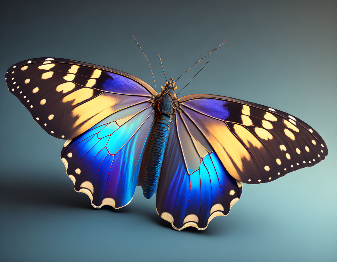 Vibrant butterfly with iridescent blue wings on blue background