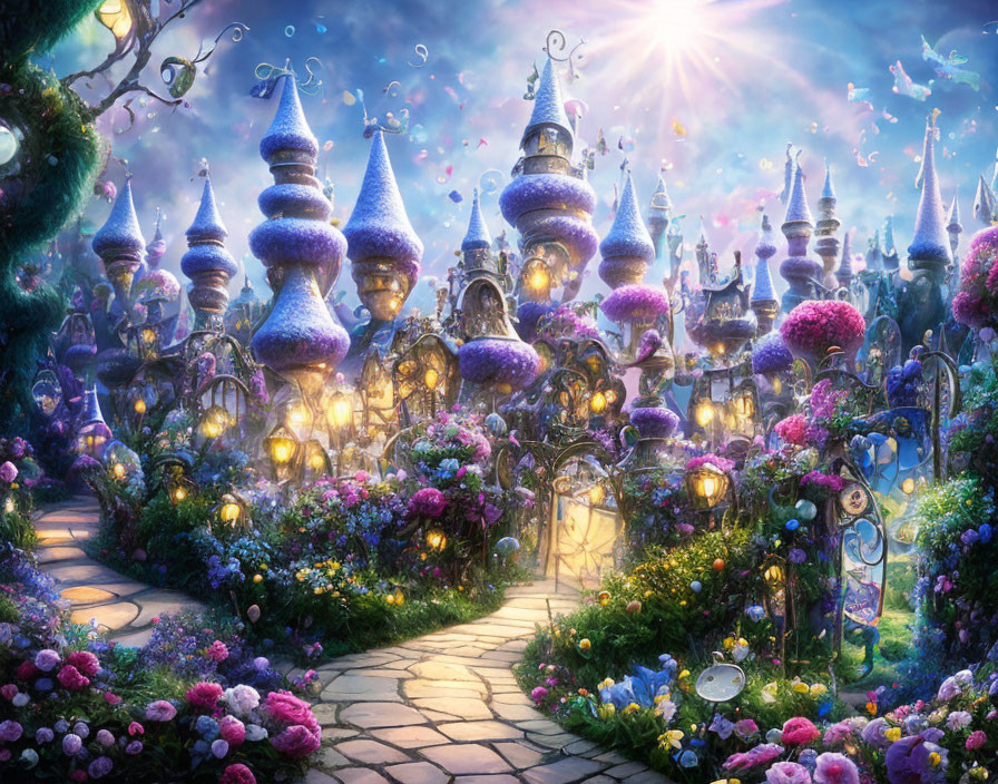 Fantasy garden with glowing lanterns and vibrant flowers