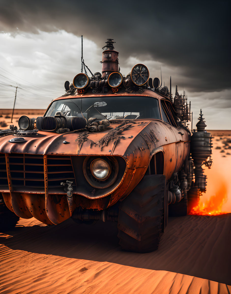 Armored post-apocalyptic vehicle with spikes in desert landscape