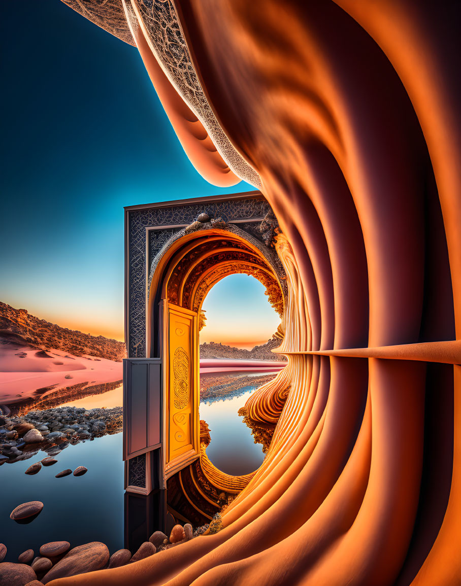 Surreal image: ornate door, twisted orange landscape, desert sunset