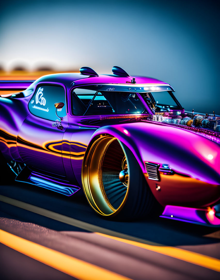 Purple drag racing car with stylized exhaust pipes on blurred racetrack.
