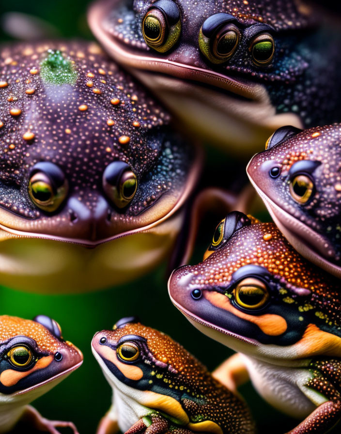 Vibrant colorful frogs with textured skin on dark background