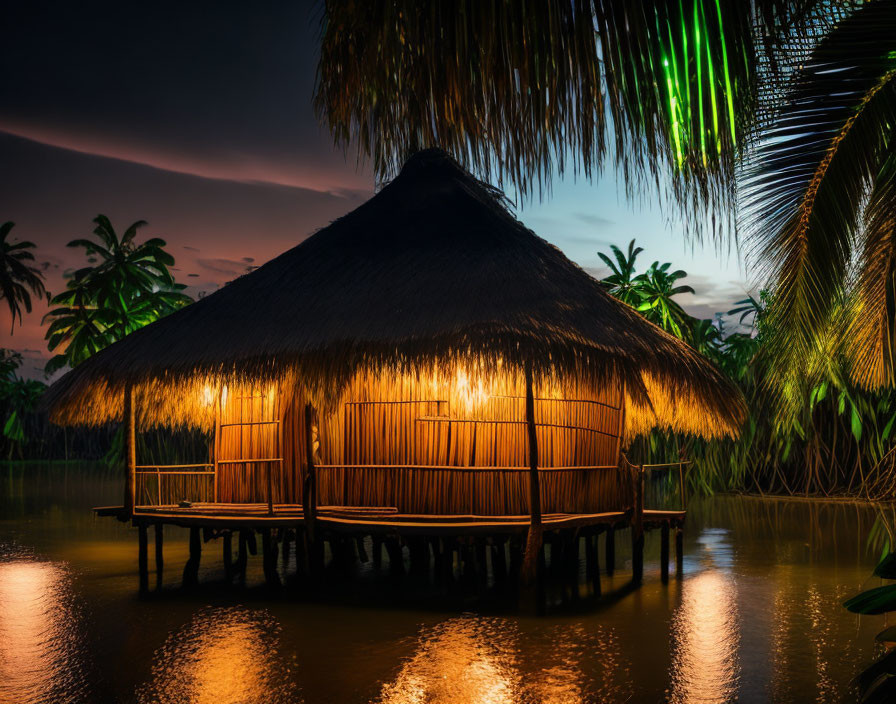 Thatched-Roof Hut Over Calm Waters at Night
