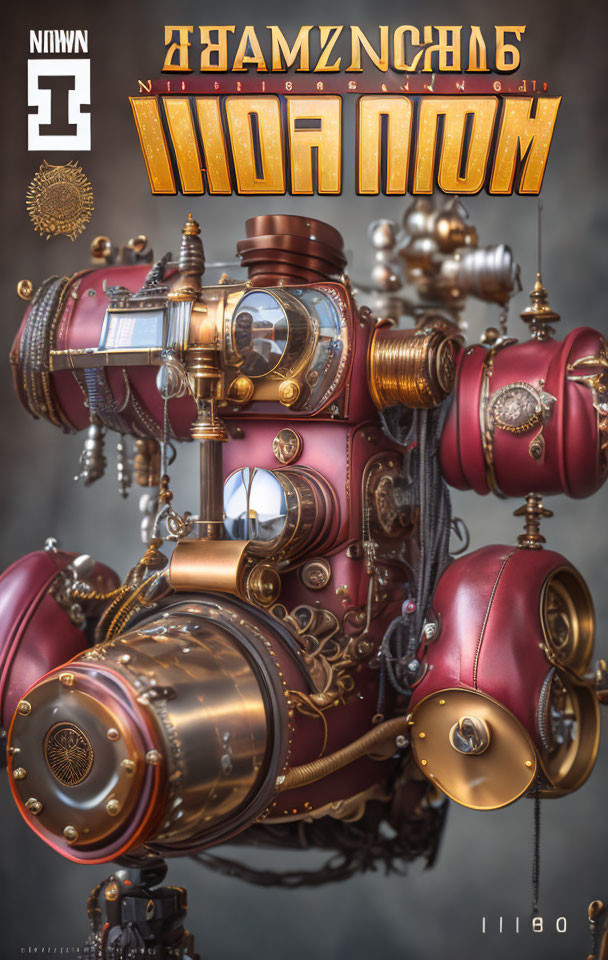 Steampunk-style camera illustration with gears, metallic textures, and Cyrillic lettering.