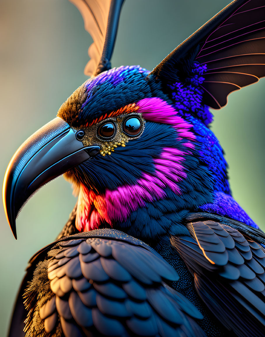 Colorful digital artwork of a neon raven with vivid pinks, purples, and blues