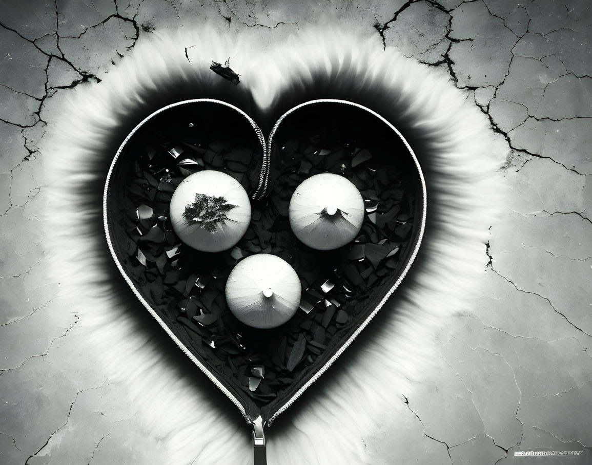 Monochromatic heart-shaped zipper with textured surface and spherical objects.