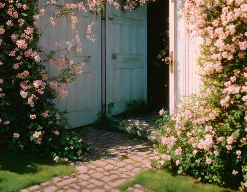 Weathered white doors framed by pink blossoming shrubs in soft sunlight