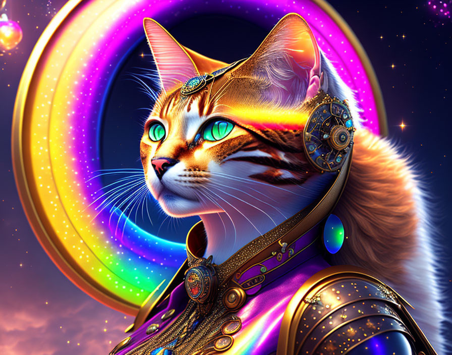 Steampunk-inspired cat in cosmic setting with glowing rings