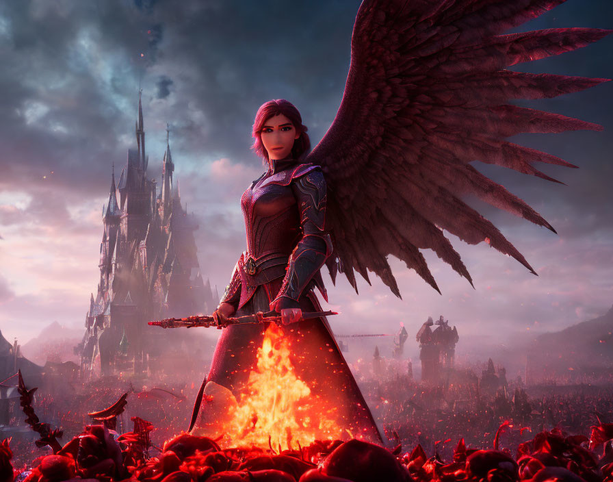 Winged female warrior with sword on battlefield and castle backdrop