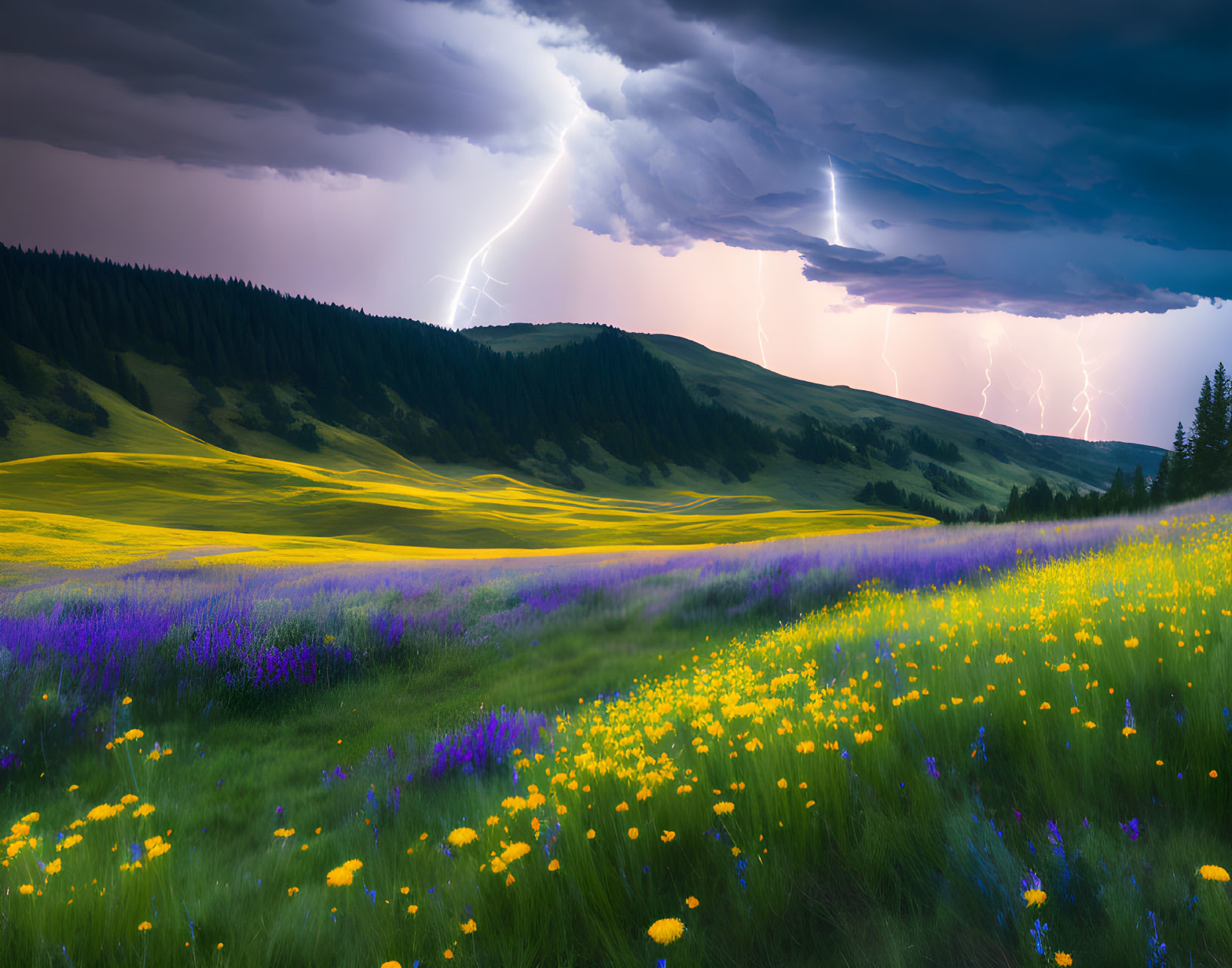 Scenic landscape with yellow and purple wildflowers under dramatic sky