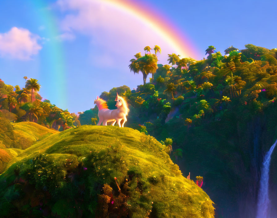 Majestic horse on lush hill with vibrant rainbow and tropical scenery