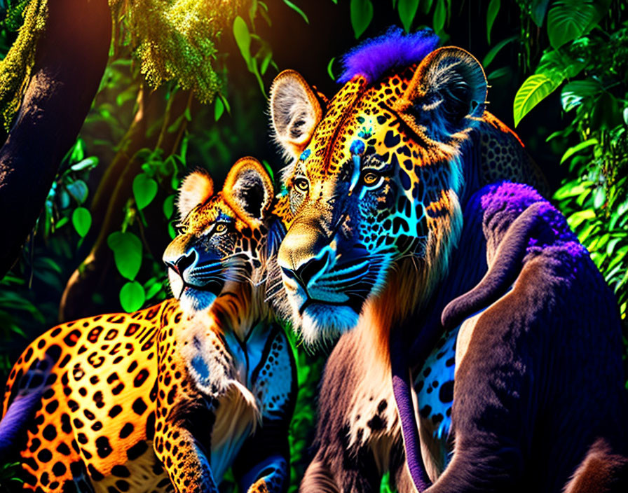 Vivid Neon Leopard Artwork in Dark Jungle Setting