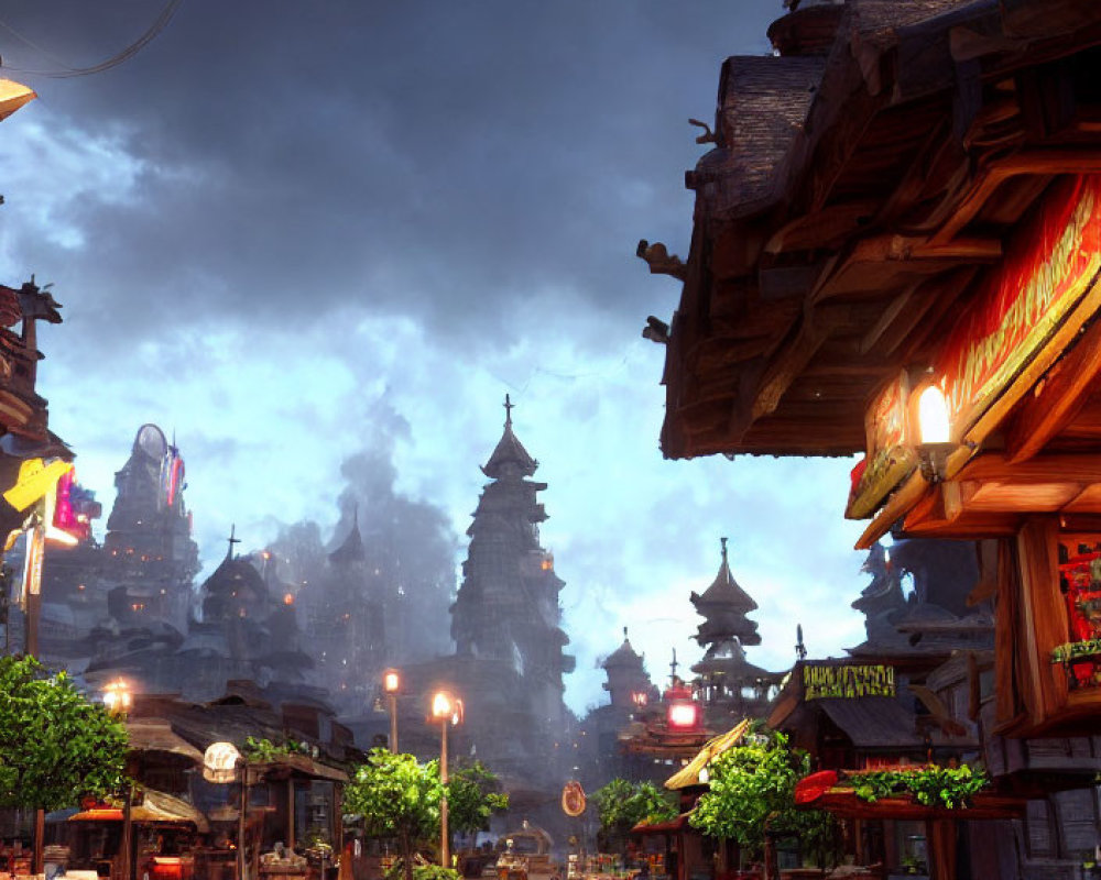 Asian-inspired fantasy town street at dusk with traditional buildings and temple.