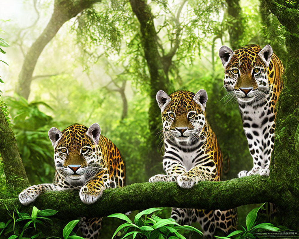 Three leopards lounging on tree branch in green forest with misty atmosphere