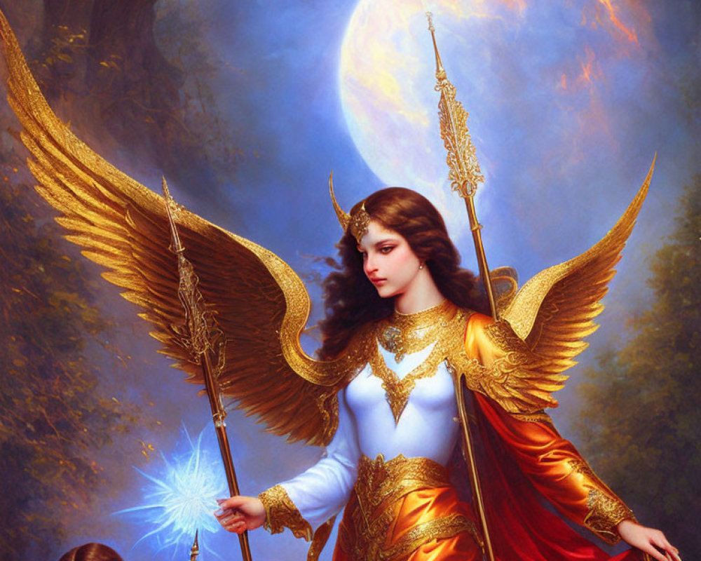 Fantasy illustration of angel with golden wings and armor holding a spear under full moon