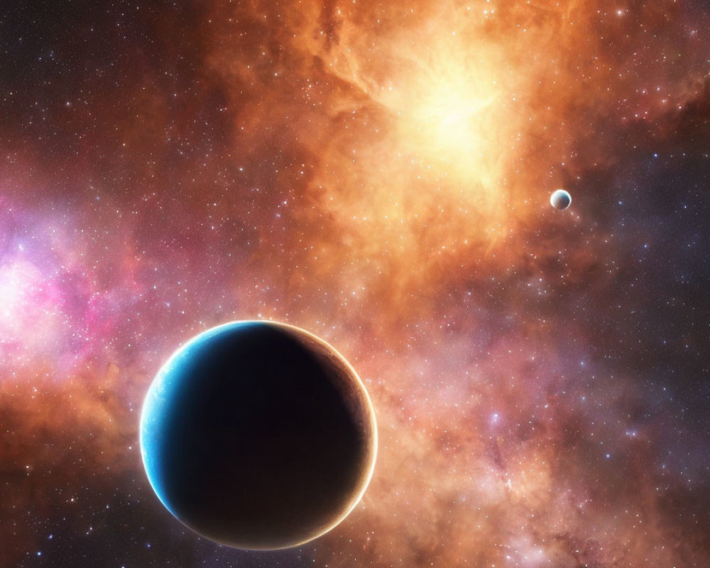 Dark planet, smaller planet, and cosmic body in celestial scene