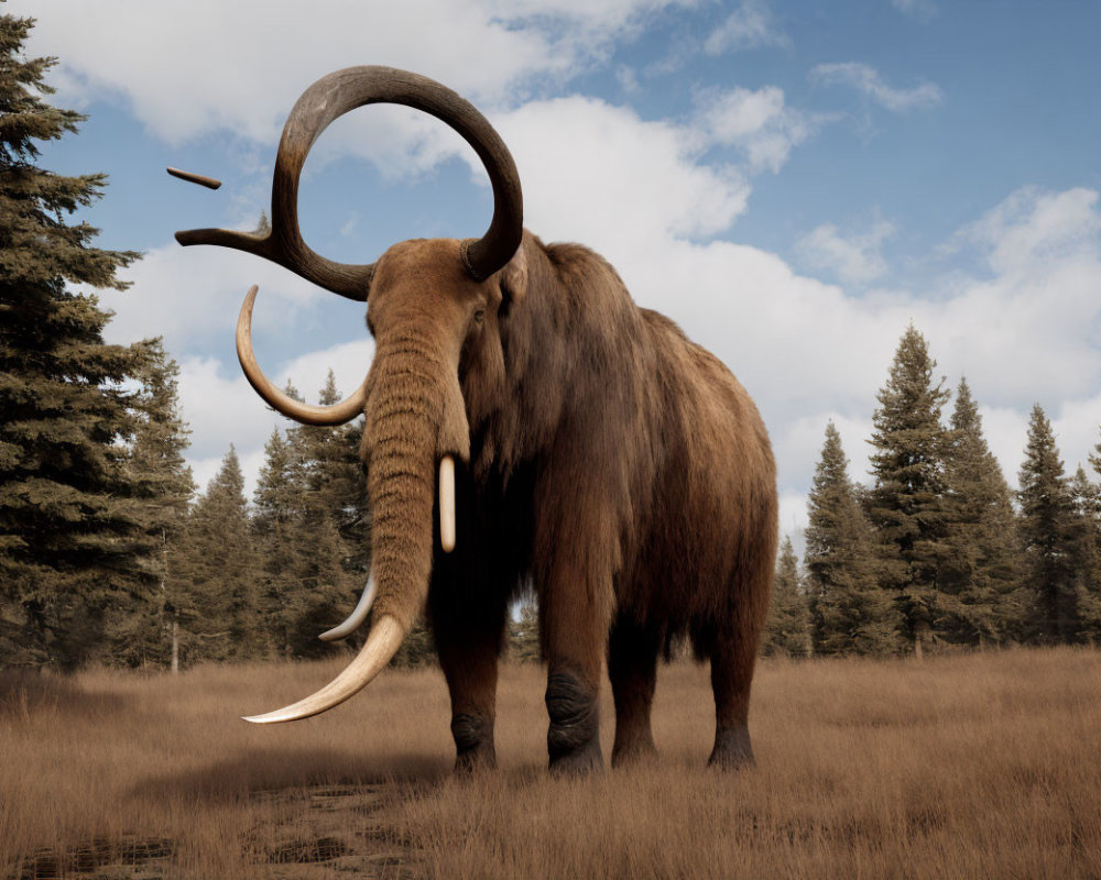 Prehistoric woolly mammoth in grassy field with curved tusks