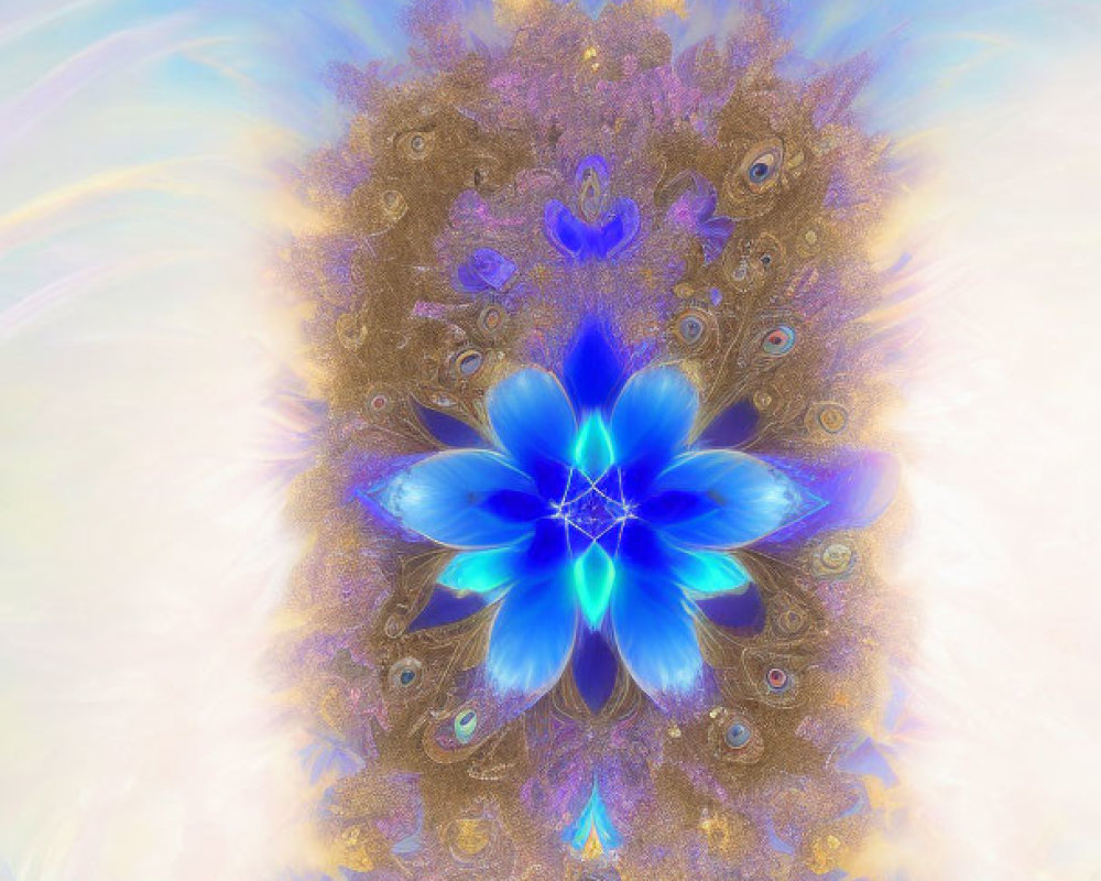 Colorful Digital Fractal Art: Blue Flower Pattern with Golden and Pastel Hues