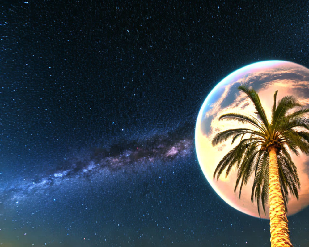 Palm tree under starry night with surreal planet rising