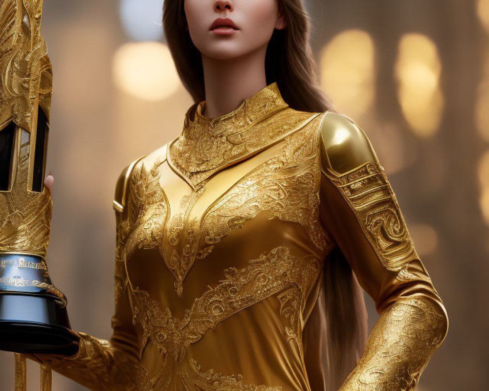 Golden ornate dress woman holds detailed trophy in forest background