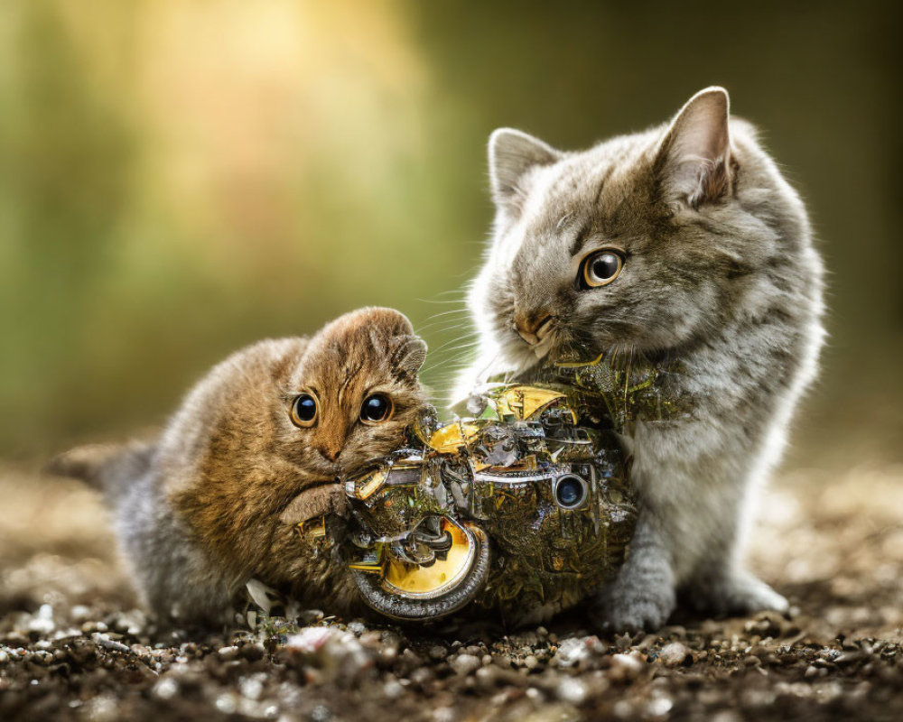 Fluffy kittens exploring golden globe on gravel with warm backlighting