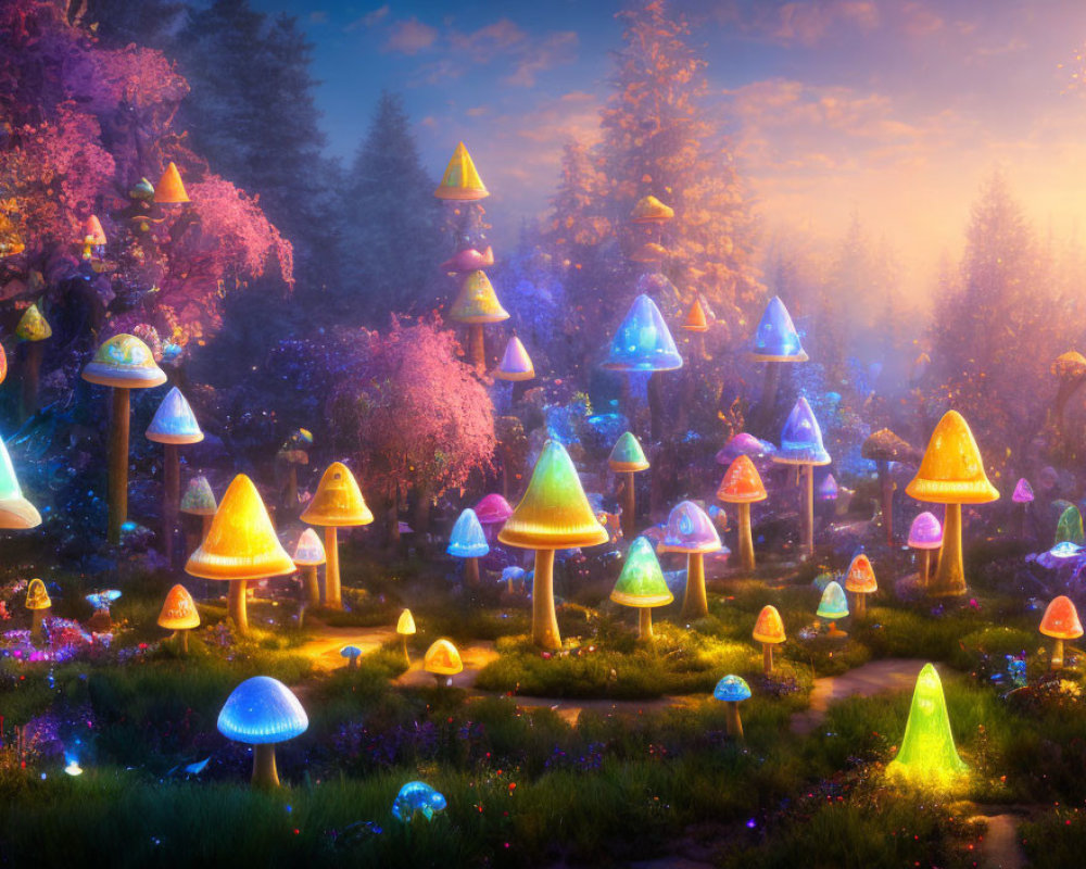 Enchanting forest glade with colorful mushrooms, pink trees, and mist