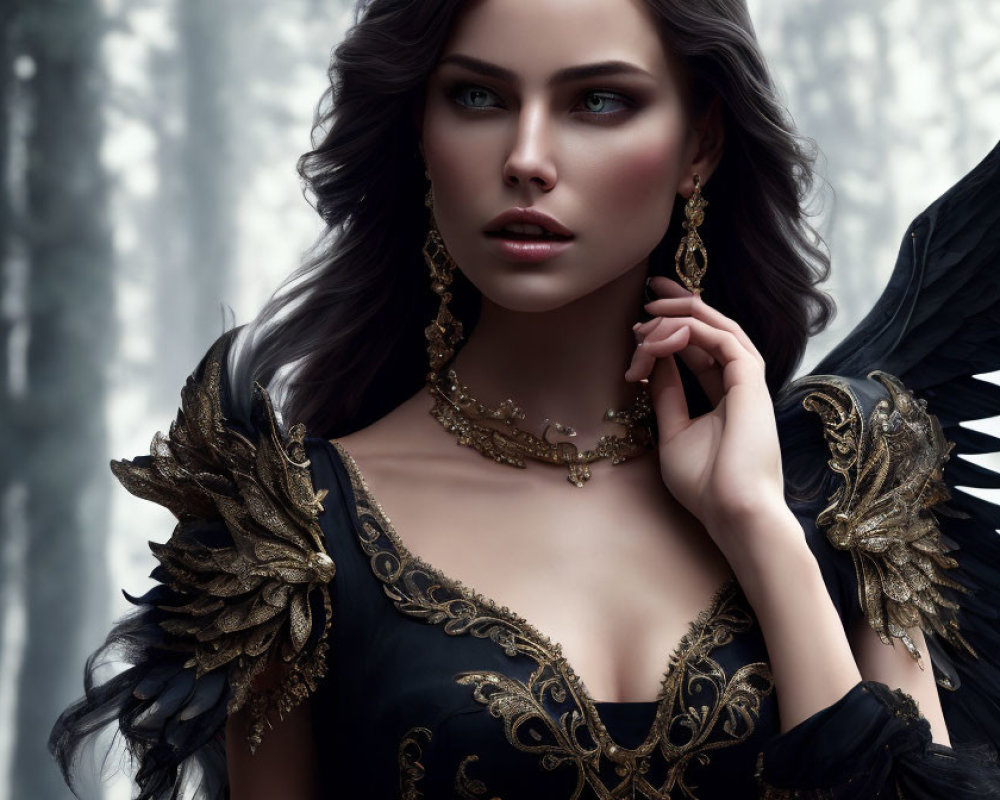 Fantasy-themed image: Woman with dark angel wings in black and gold attire against misty forest.