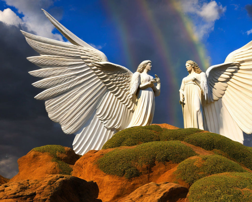 Angel statues with large wings on mossy hill under blue sky with rainbow