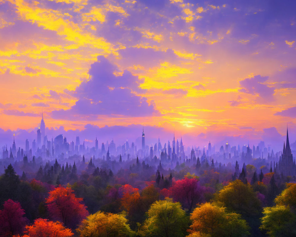 City skyline at sunrise with silhouetted skyscrapers and autumn trees in foreground