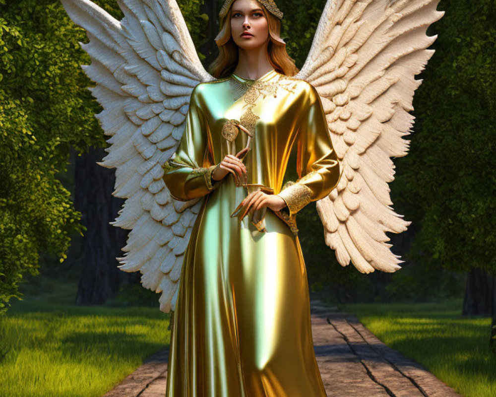 Digital illustration: Woman with white wings, golden attire, holding scepter on forest path