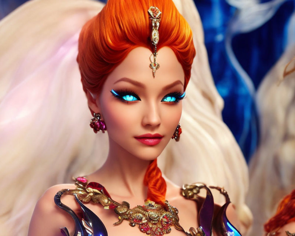 Red-haired female character with blue eyes and ornate jewelry in fantasy artwork