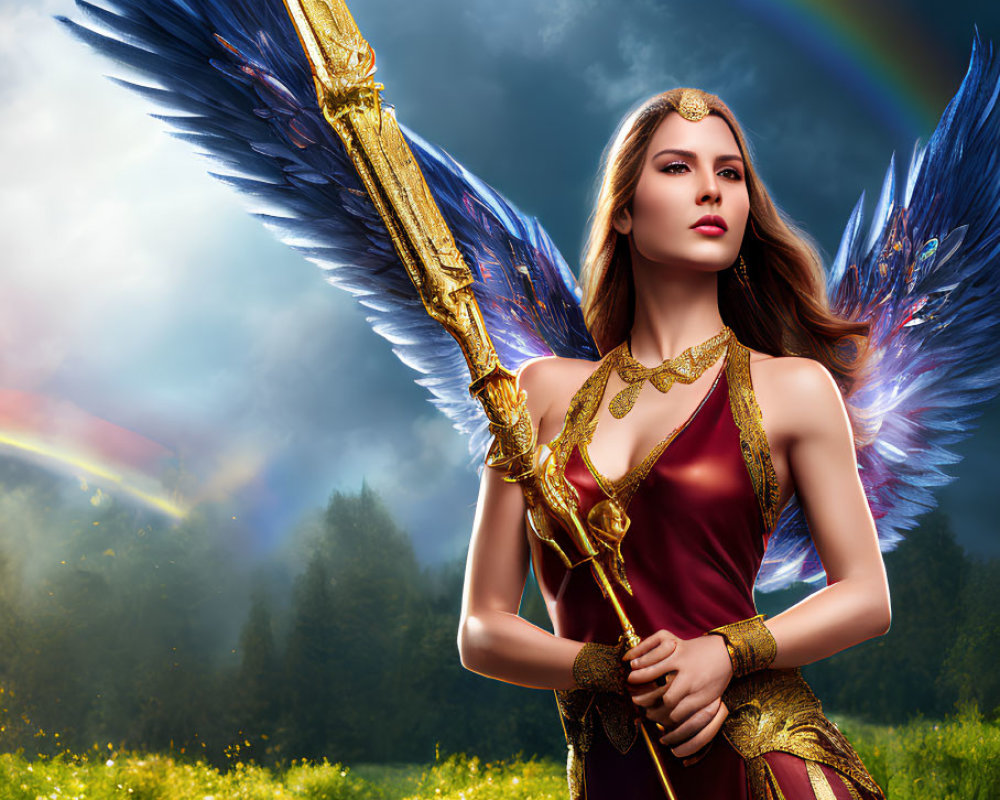 Blue-winged woman in red dress with golden spear under rainbow sky