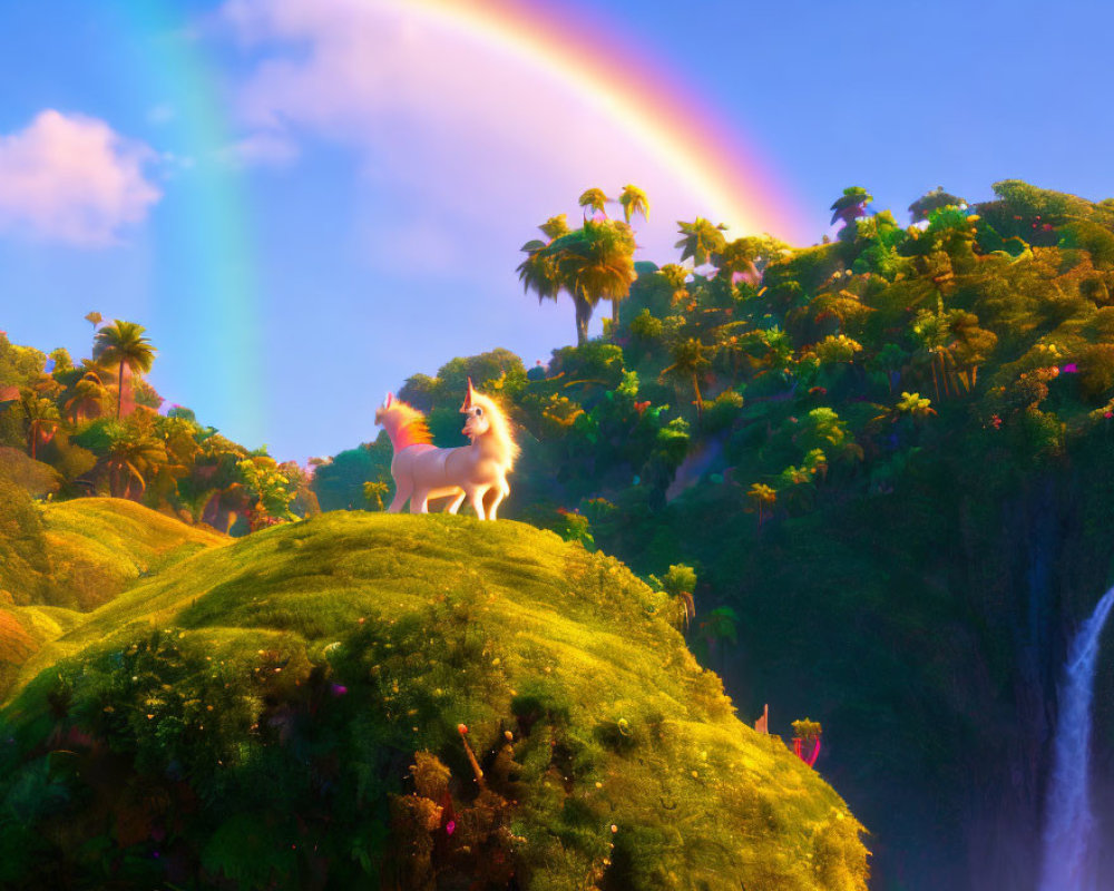 Majestic horse on lush hill with vibrant rainbow and tropical scenery