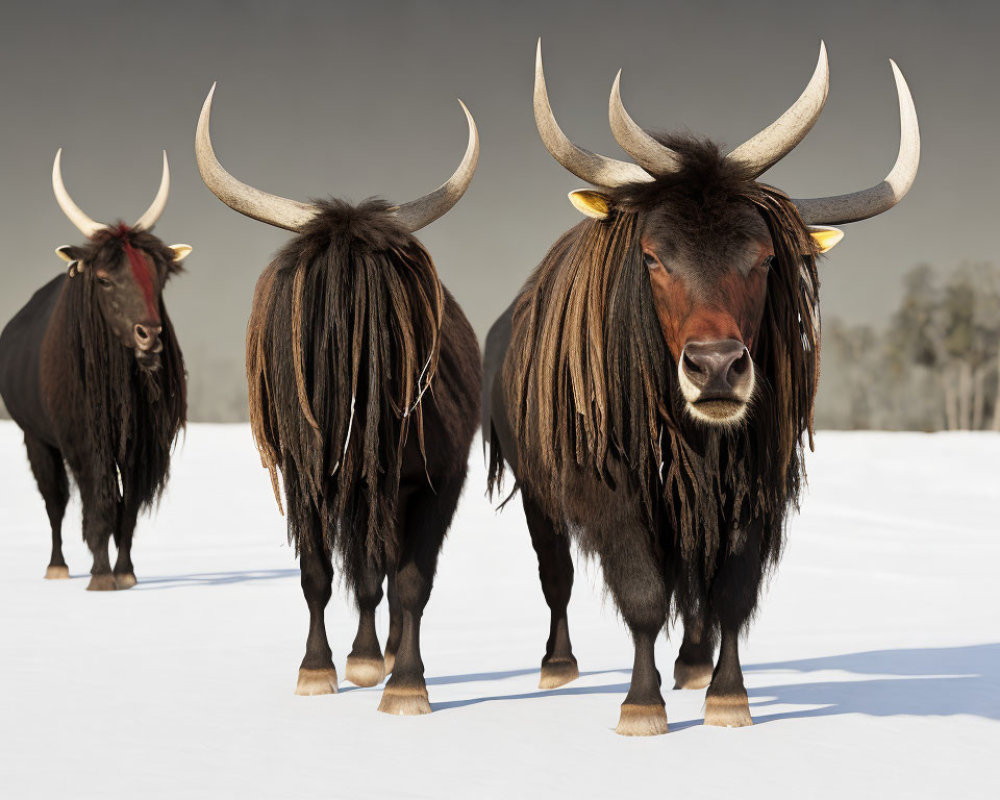 Three yaks with thick coats and long horns in snowy landscape