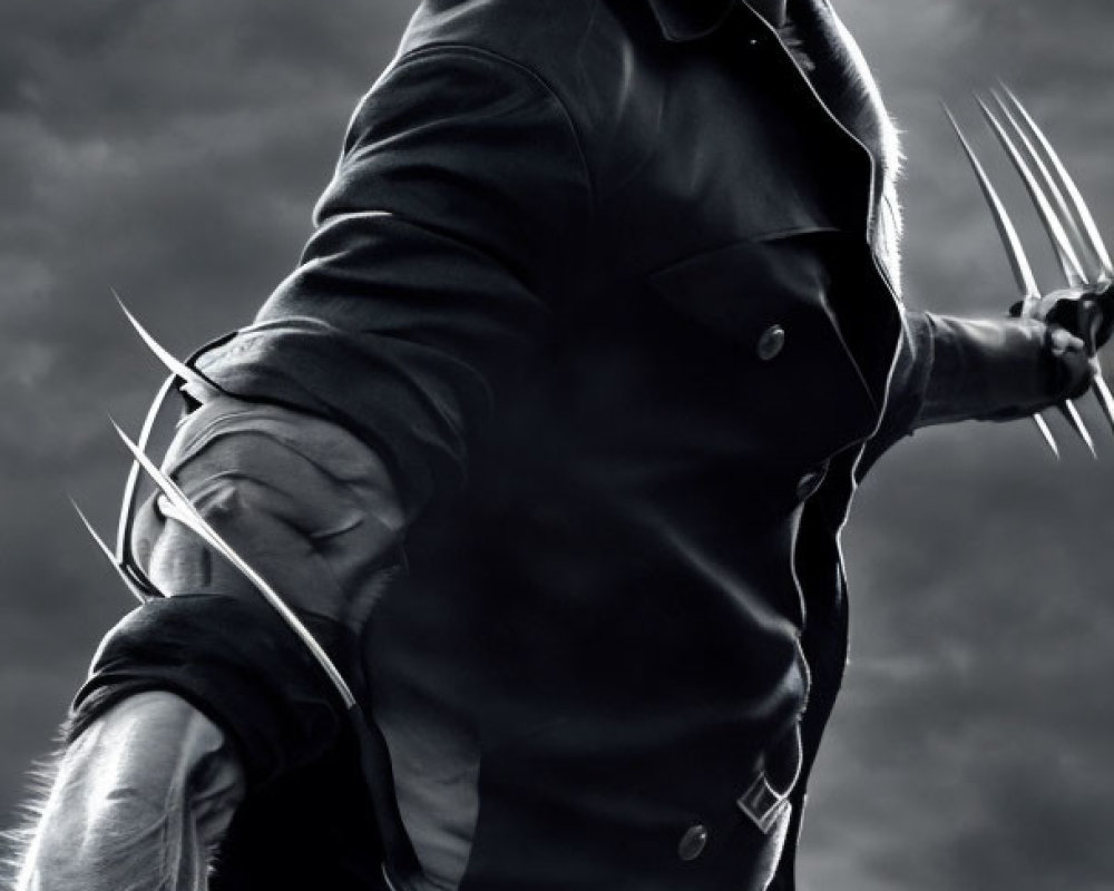 Man with metal claws, styled hair, and leather jacket in stormy setting