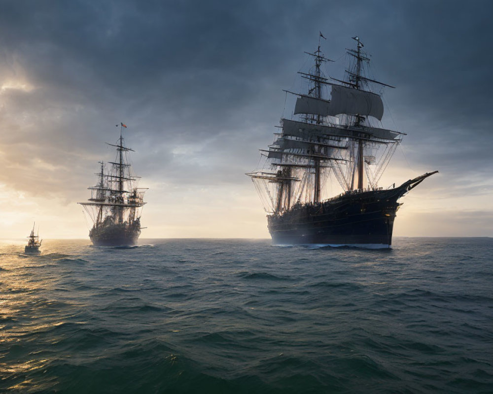 Majestic tall ships with full sails on the open sea at sunset