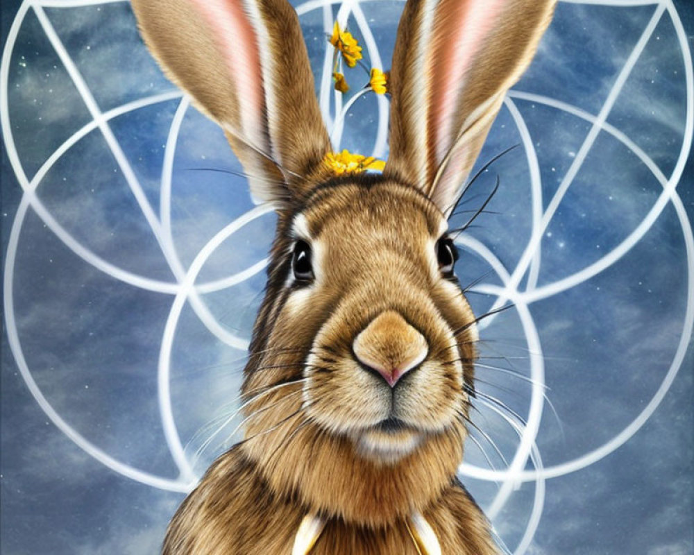 Detailed Brown Rabbit with Smaller Rabbit, Geometric Patterns, and Cosmic Sky