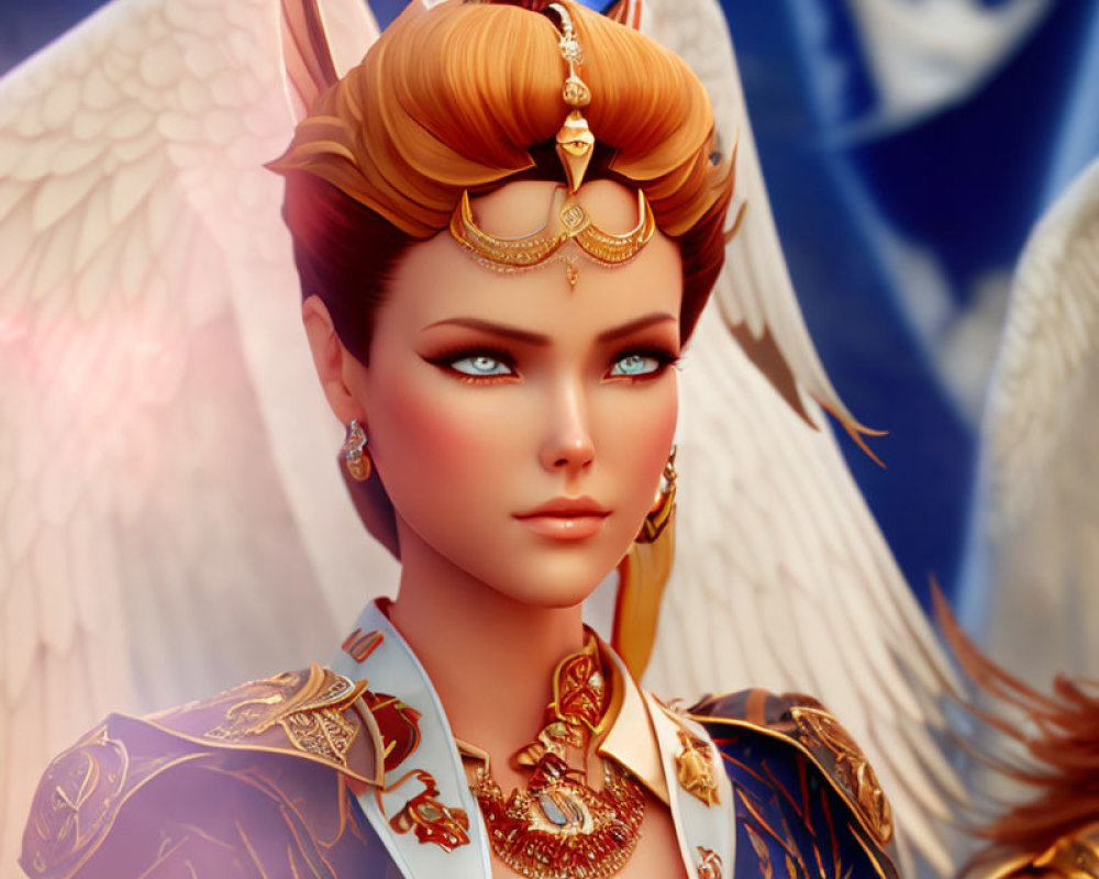 Fantastical female character with large angel wings and gold jewelry