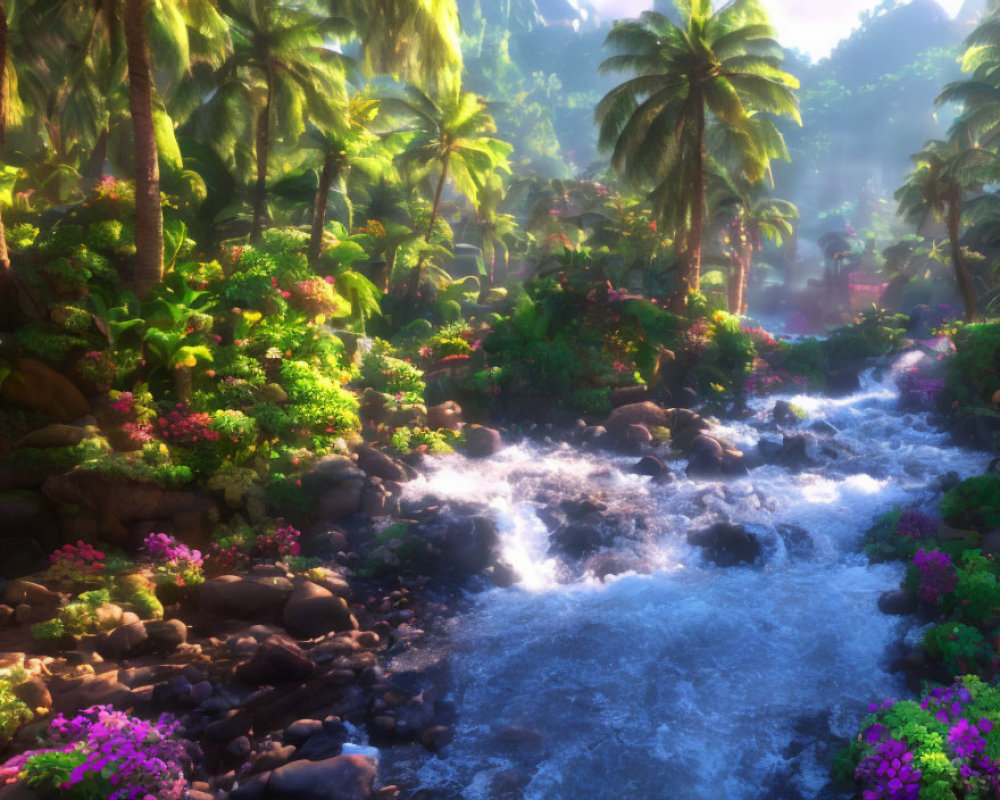 Sunlit Forest with River and Colorful Flowers in Serene Setting