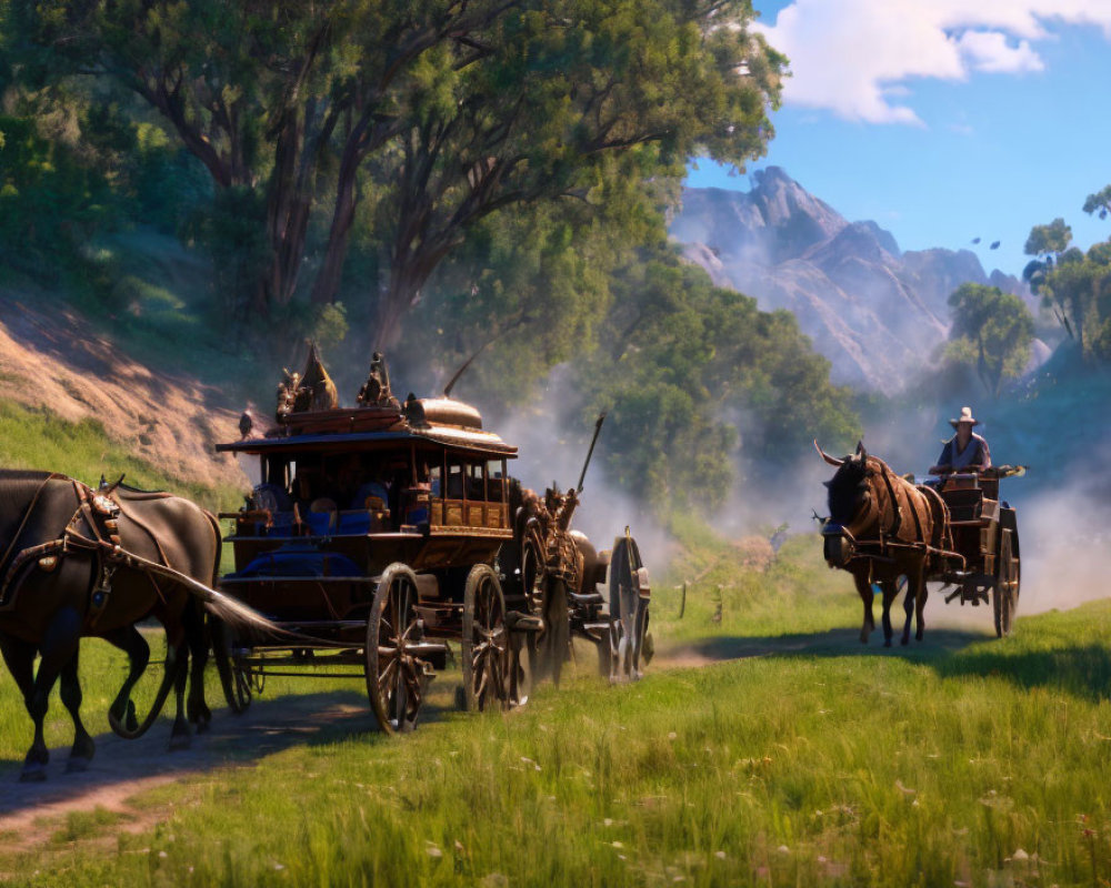 Horse-drawn carriage and wagon on dirt road in lush valley with mountains and clear blue sky