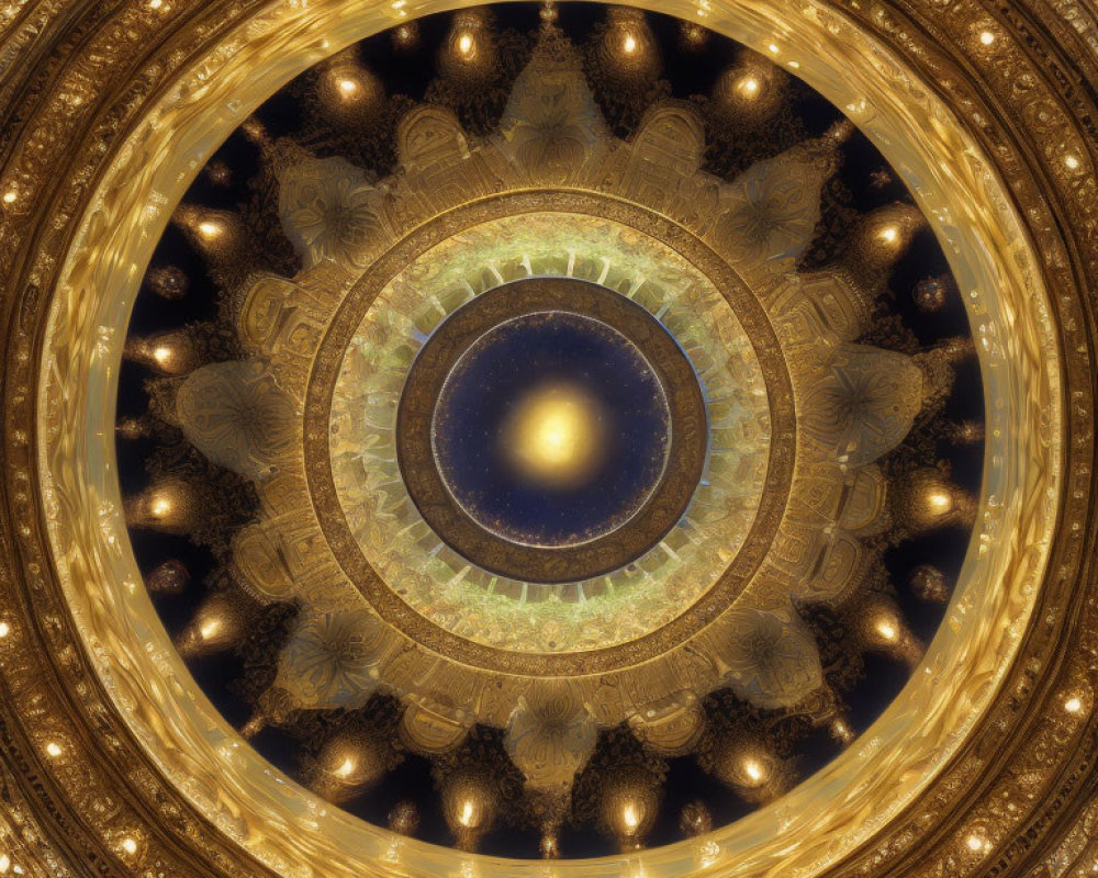 Circular Ceiling Design with Golden Patterns and Blue Star Center