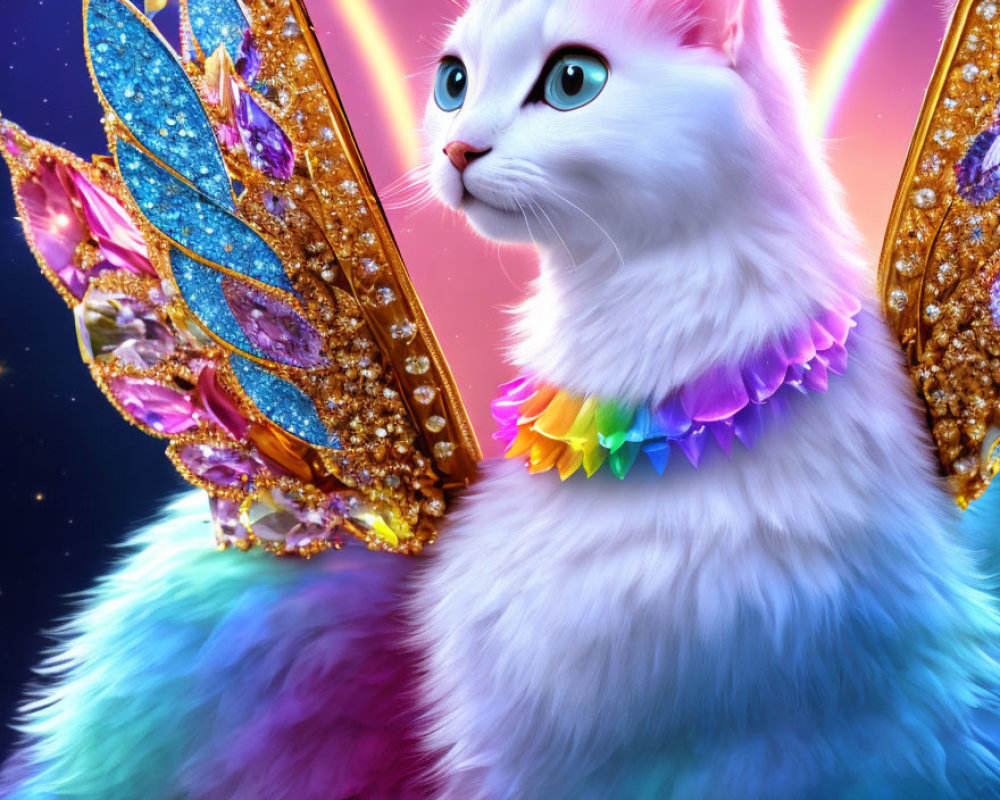 Colorful cat-like creature with butterfly wings and rainbow collar on cosmic backdrop