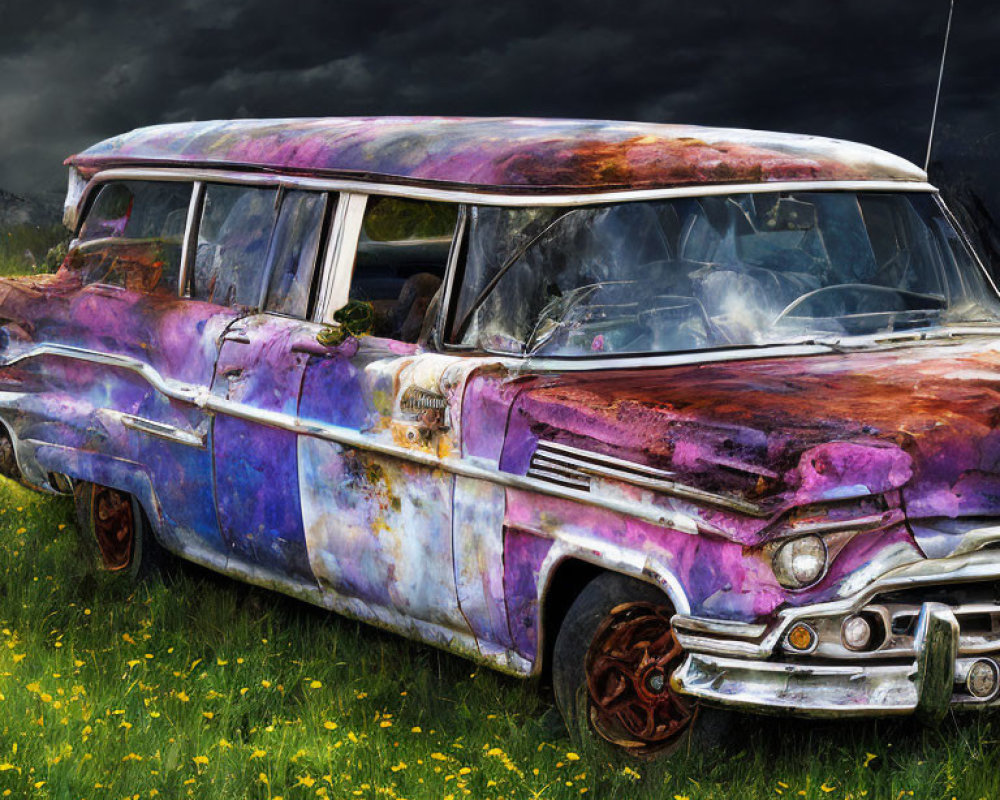 Abandoned vintage station wagon in field of yellow flowers under stormy sky