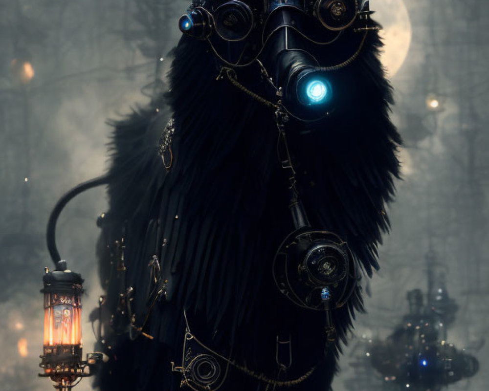 Steampunk-style mechanical black cat with glowing blue eyes in dimly lit room