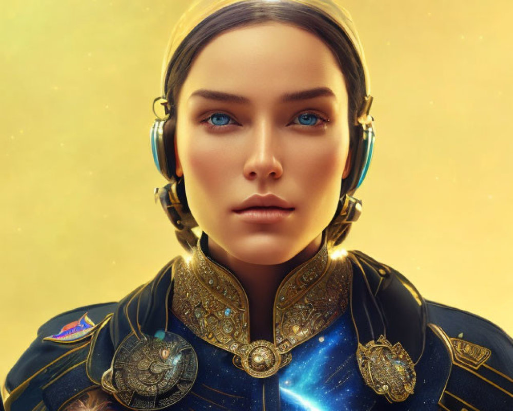 Futuristic woman in space-themed uniform with headset against starry backdrop