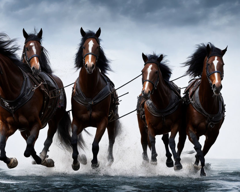 Four Bay Horses Galloping Through Water Under Stormy Sky